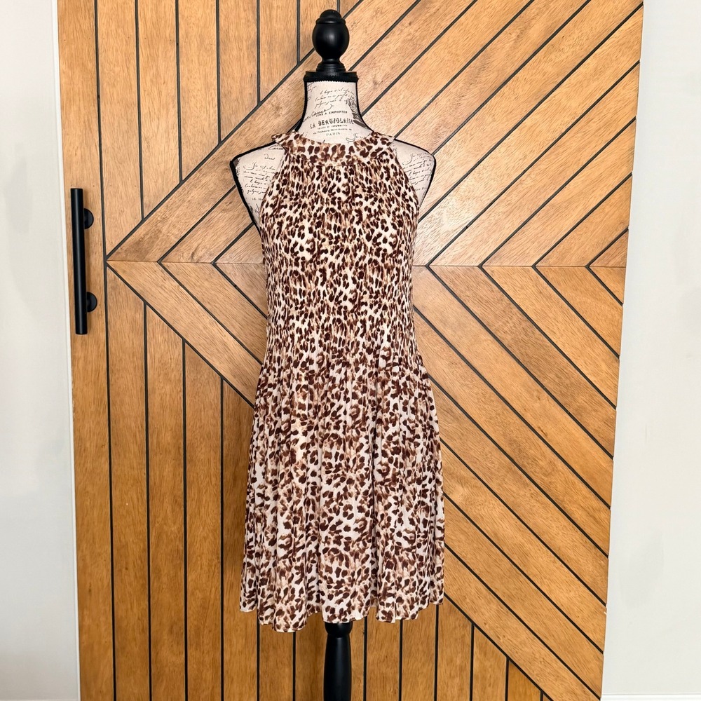 NEW Keren Hart Halter Dress Womens L Brown Tan Leopard Print Sleeveless Cocktail